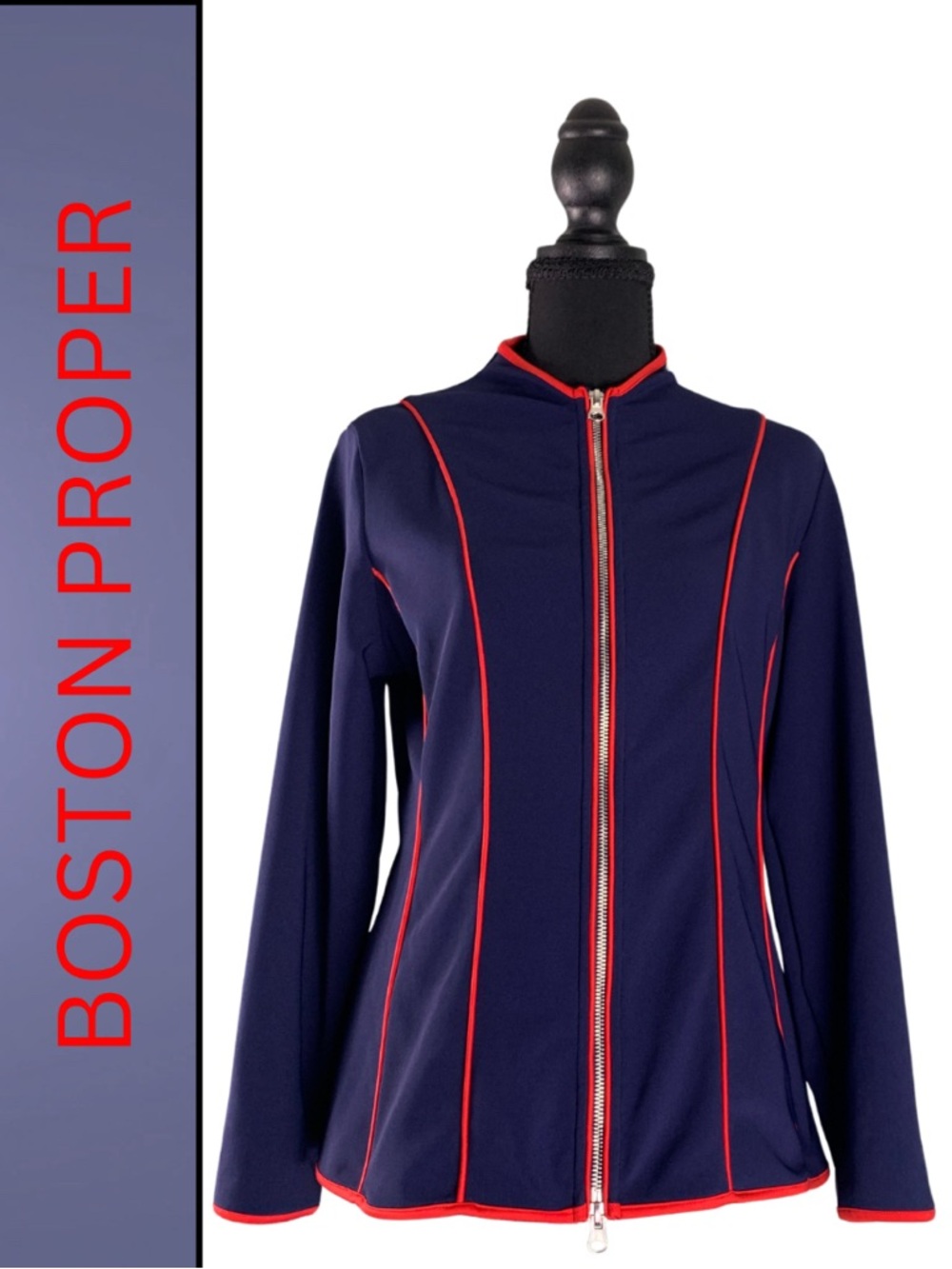 Boston Proper Navy Sport Track Jacket with Red Piping Women’s S Athleisure